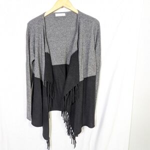 Women's Claudia Nichole Cashmere Open Cardigan Colorblock Fringe Gray Black Sz L